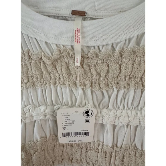 Free People Maxey Knit Smocked Peplum Top Cream Puff Sleeve Size XL Cottagecore - Picture 6 of 7